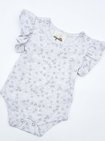 Soft Gray Baby Onesie with white  and gray daisies and short flutter sleeves