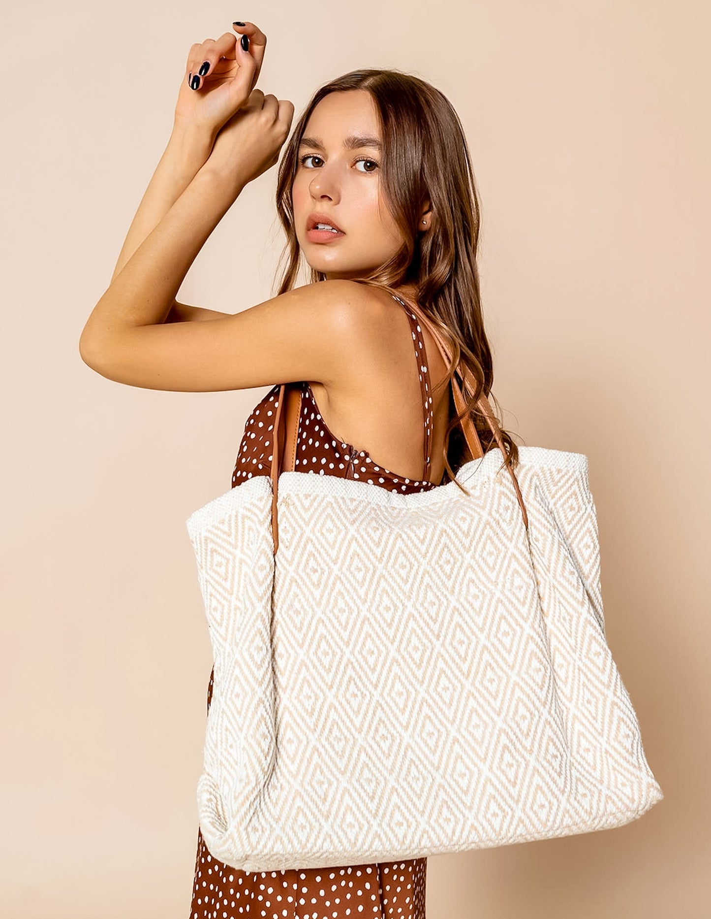 Danielle Boho Tote - Beige and White