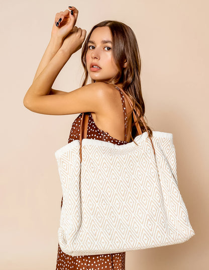 Danielle Boho Tote - Beige and White