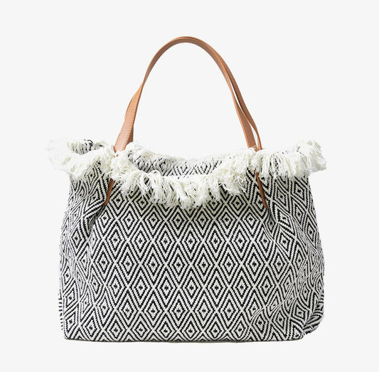 Danielle Fringe Boho Tote - Black and White