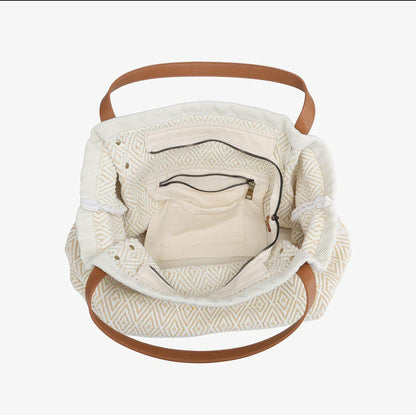 Danielle Boho Tote - Beige and White