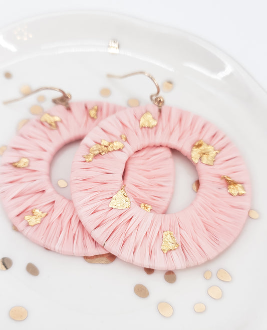 Peachy Pink/Gold Raffia Earrings